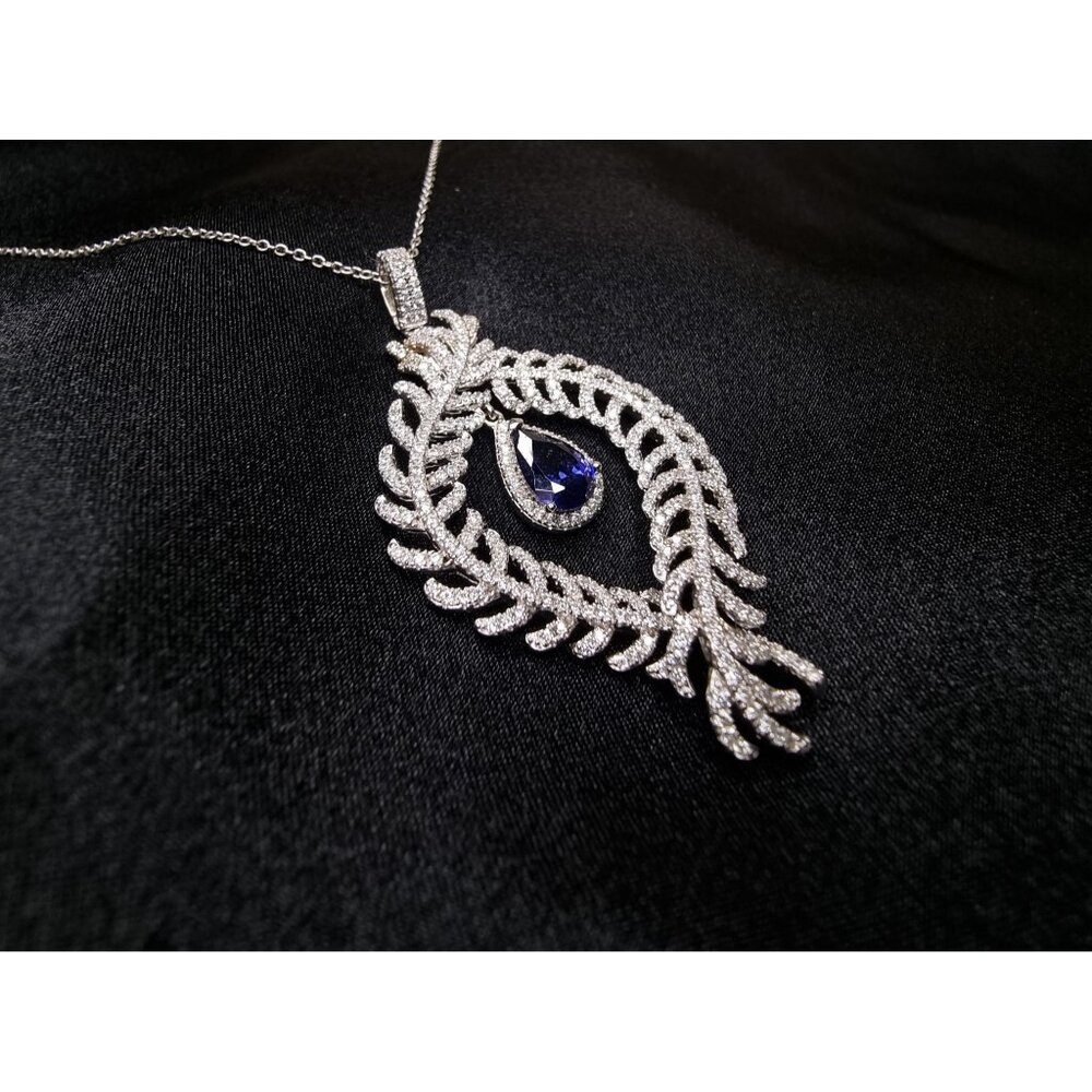 Elegant 925 Sterling Silver BYJ Signed Necklace With Leaf Design Pendant & Sapph